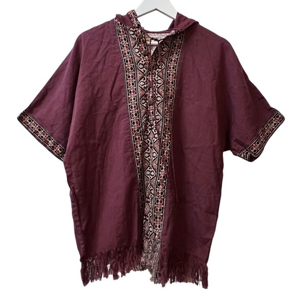 Earthbound Trading Company Top Linen Blend Hooded Small Fringe Geometric S/S - Picture 1 of 16